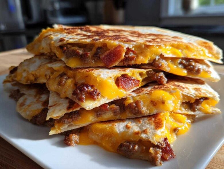 A stack of crispy, golden-brown Sheet Pan Breakfast Quesadillas cut into wedges, showing melted cheddar cheese and sausage filling.