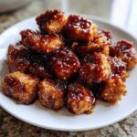 Close-up of crispy Sheet Pan Crispy Honey Garlic Tofu Nuggets piled high on a white plate, coated in a thick, shiny glaze.