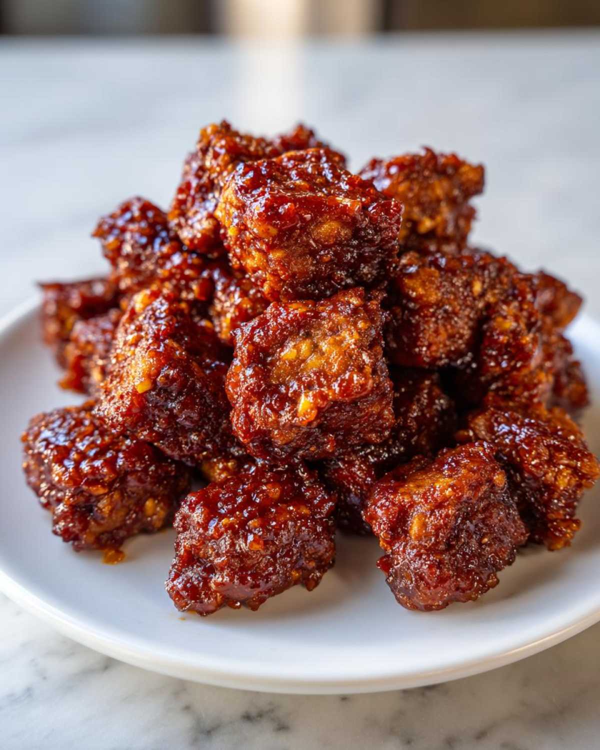 A close-up pile of glossy, dark, sticky Sheet Pan Crispy Honey Garlic Tofu Nuggets served on a white plate.