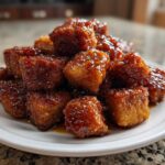 A close-up of crispy Sheet Pan Crispy Honey Garlic Tofu Nuggets piled high on a white plate, coated in a glossy sauce.