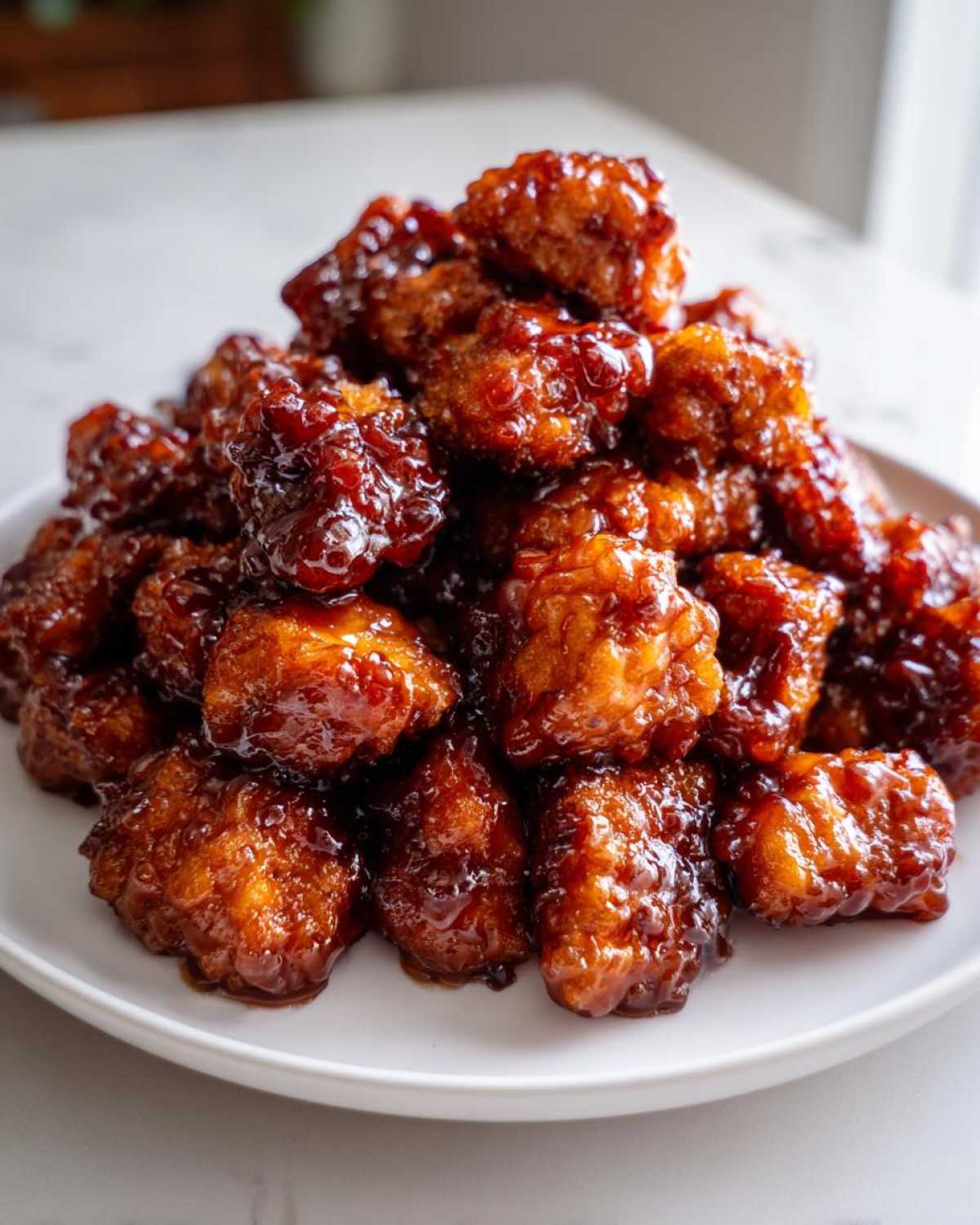 A large pile of crispy Sheet Pan Crispy Honey Garlic Tofu Nuggets coated in a thick, glossy, dark brown glaze on a white plate.