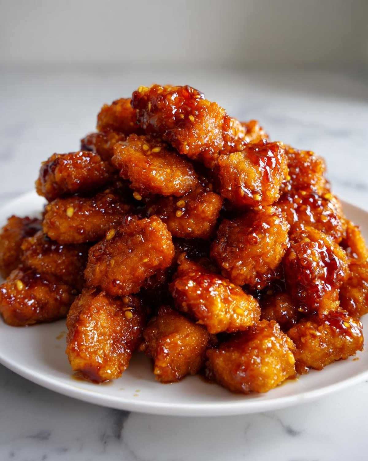 A generous pile of crispy Sheet Pan Crispy Honey Garlic Tofu Nuggets coated in a thick, glossy honey garlic sauce and sprinkled with sesame seeds.