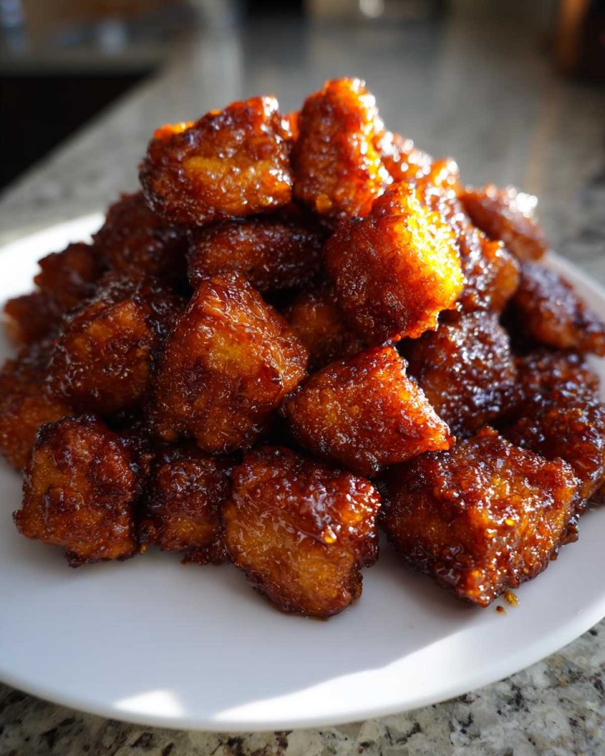 A close-up mound of glossy, caramelized Sheet Pan Crispy Honey Garlic Tofu Nuggets piled high on a white plate.
