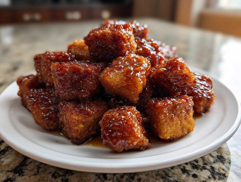 A close-up of crispy Sheet Pan Crispy Honey Garlic Tofu Nuggets piled high on a white plate, coated in a glossy sauce.