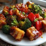 Close-up of Sheet Pan Crispy Honey Mustard Tofu cubes mixed with bright green broccoli florets and red bell peppers.