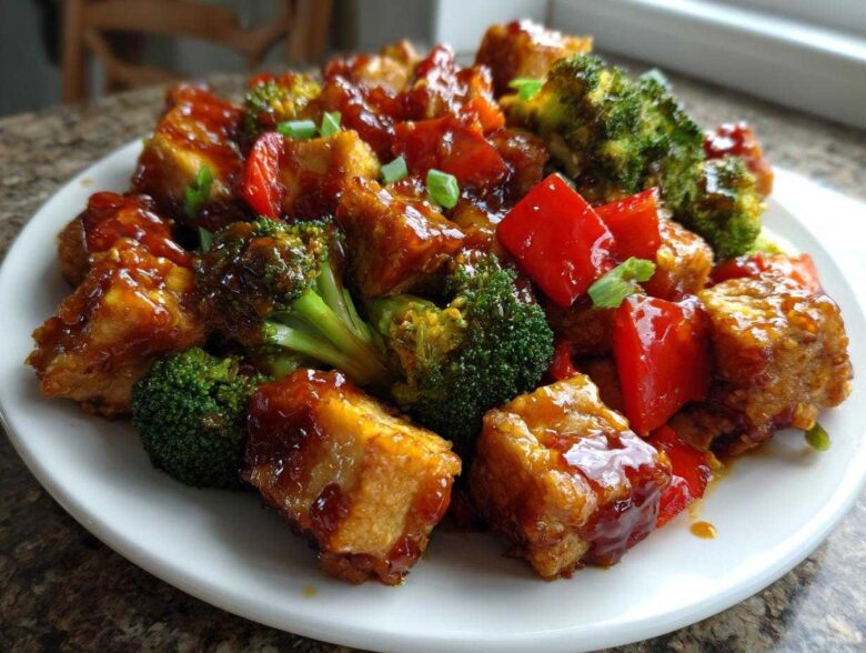 Close-up of Sheet Pan Crispy Honey Mustard Tofu cubes mixed with bright green broccoli florets and red bell peppers.