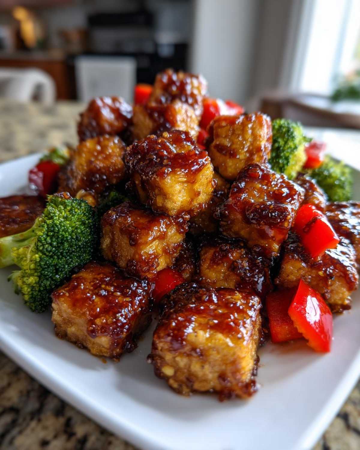 Close-up of crispy Sheet Pan Crispy Honey Mustard Tofu cubes glazed with sauce, served with broccoli and red peppers.