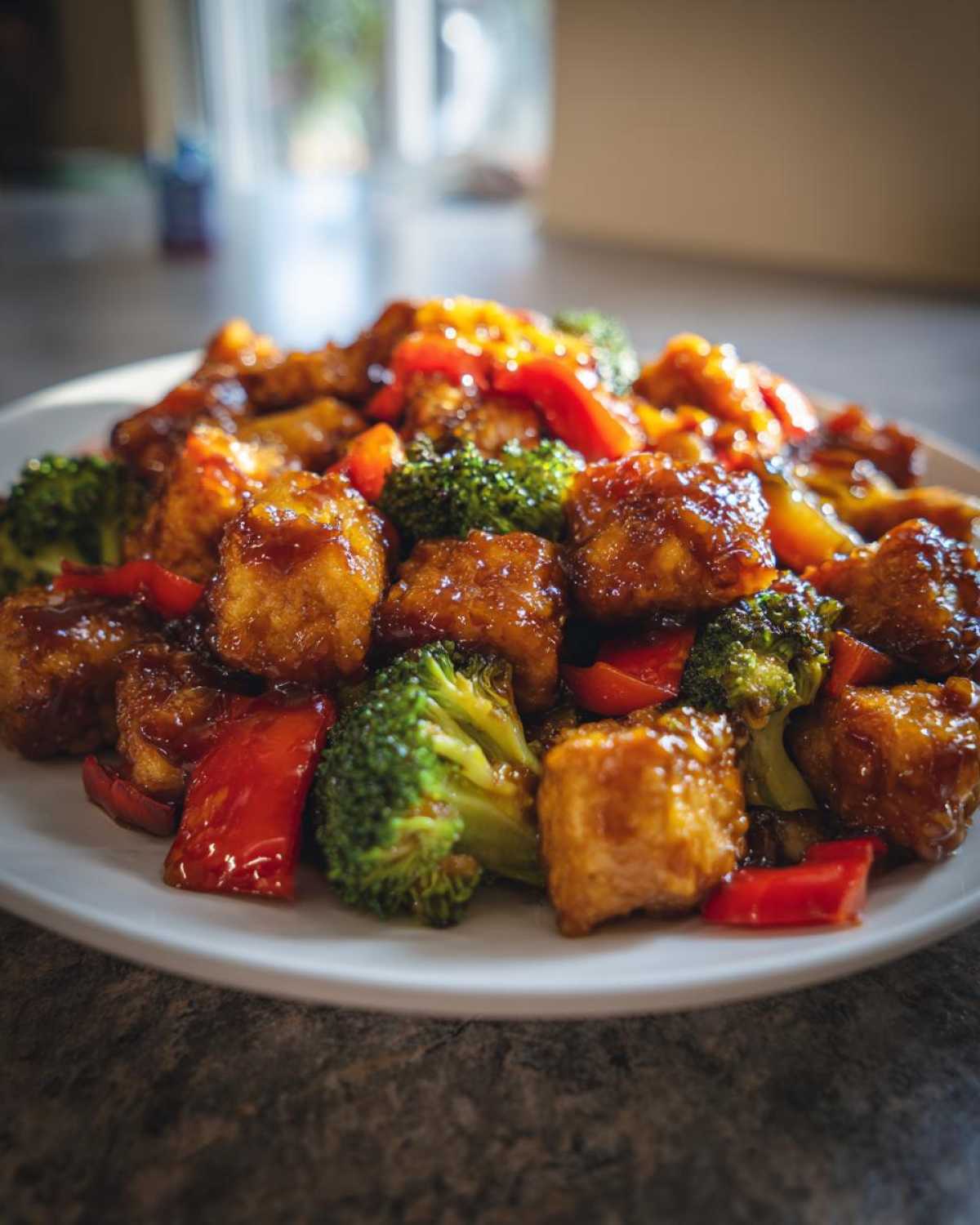 Close-up of crispy Sheet Pan Crispy Honey Mustard Tofu mixed with bright green broccoli florets and red bell peppers.