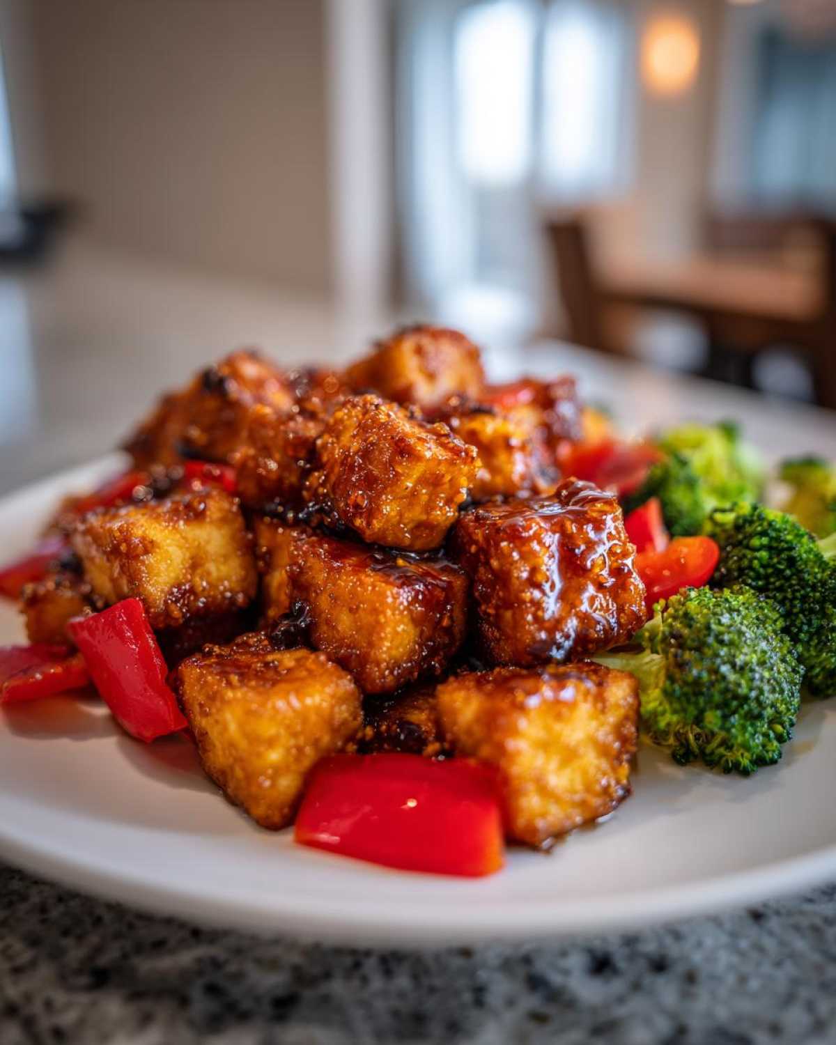 Close-up of crispy Sheet Pan Crispy Honey Mustard Tofu cubes coated in sauce, served with bright red peppers and broccoli florets.