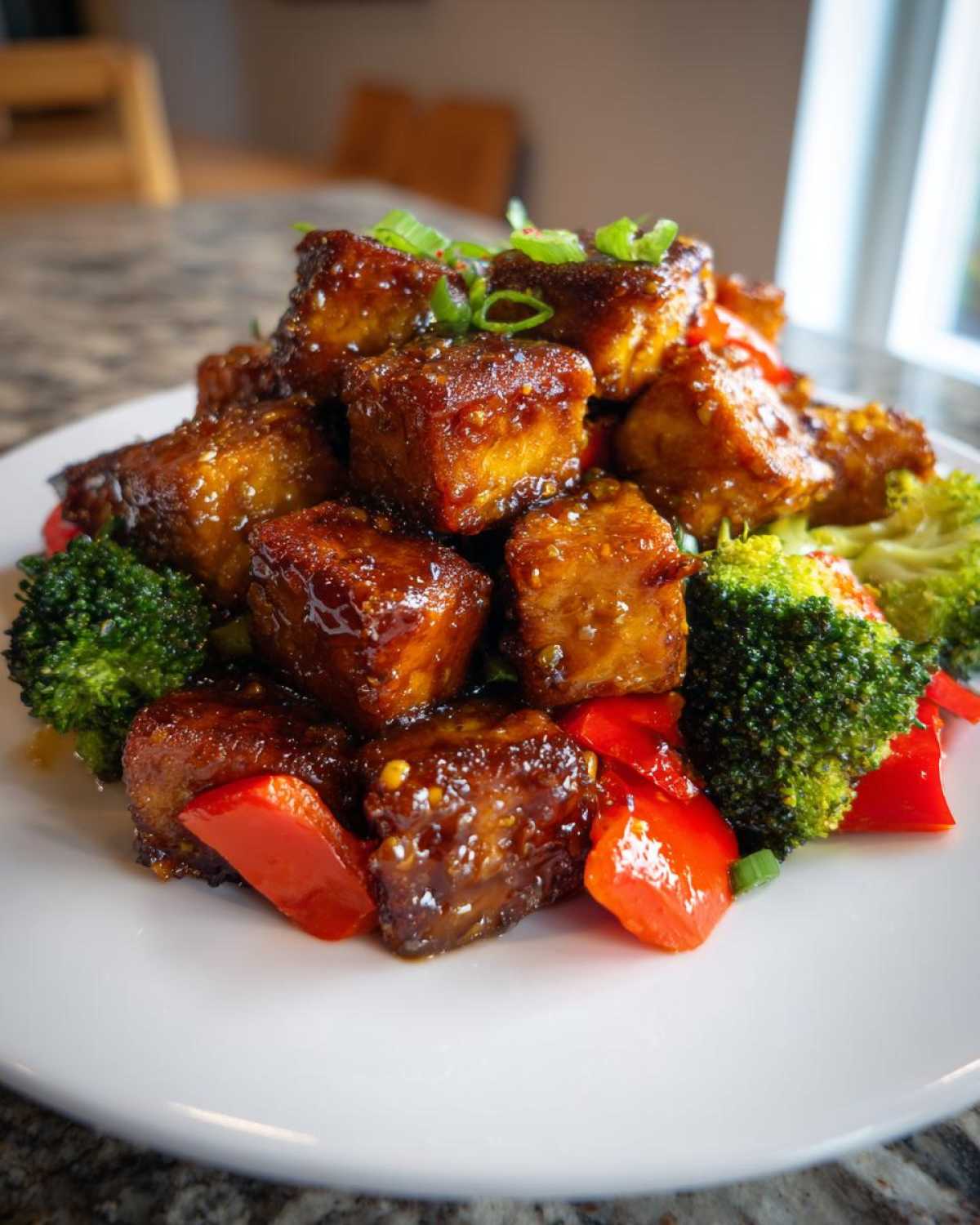 Close-up of glossy, glazed Sheet Pan Crispy Honey Mustard Tofu cubes served with bright green broccoli and red bell peppers.