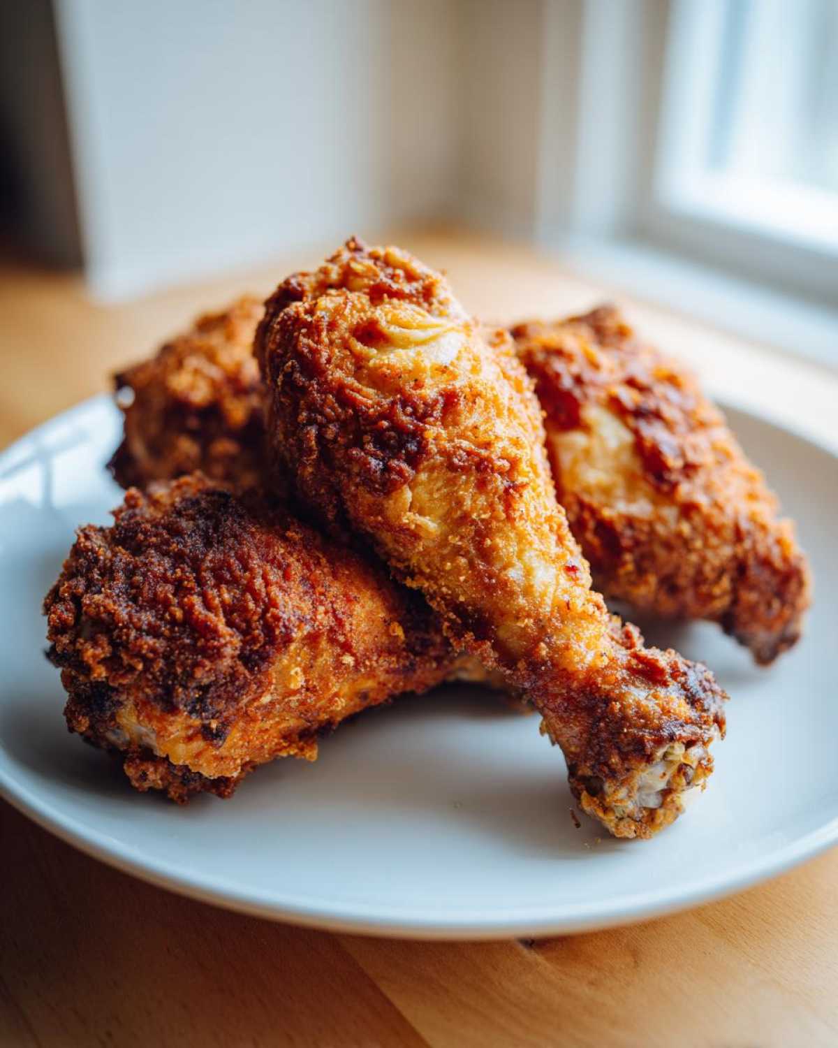Close-up of three golden brown, crispy Sheet Pan Crispy Ranch Chicken Drumsticks stacked on a white plate.