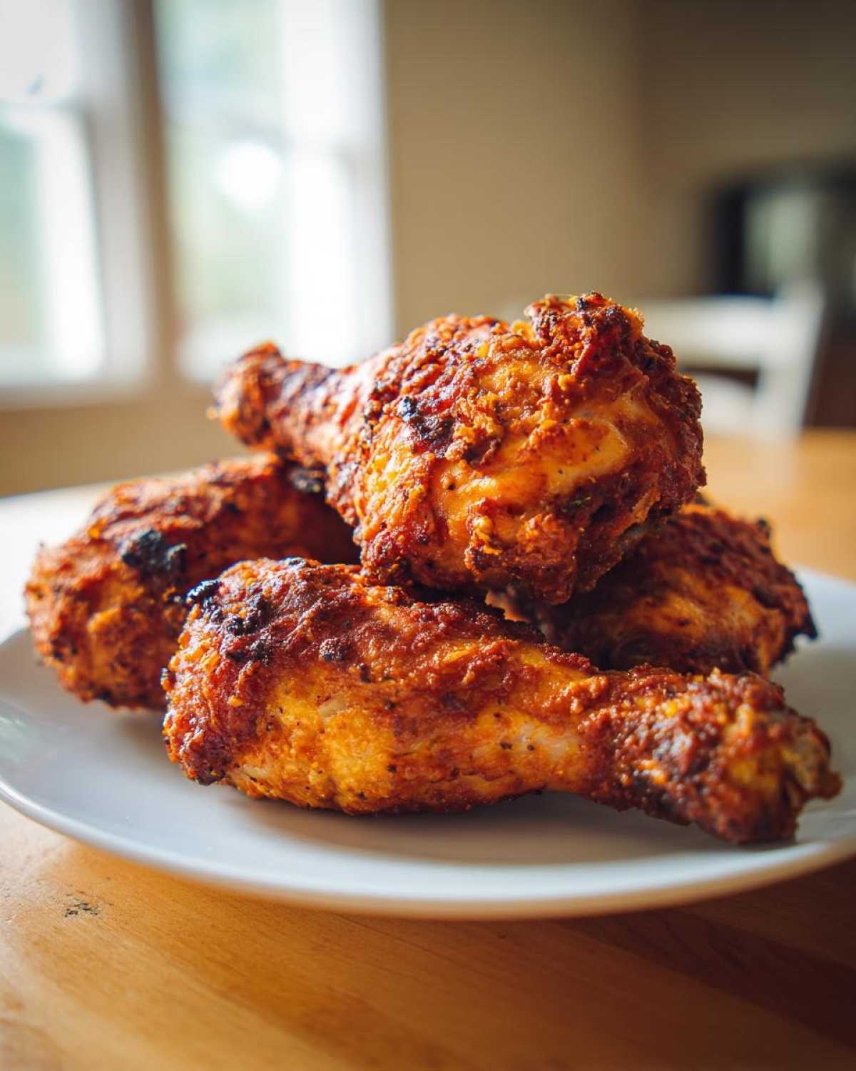 A close-up stack of four golden brown, crispy Sheet Pan Crispy Ranch Chicken Drumsticks on a white plate.