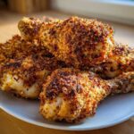 A pile of golden brown, crispy Sheet Pan Crispy Ranch Chicken Drumsticks served on a white plate.