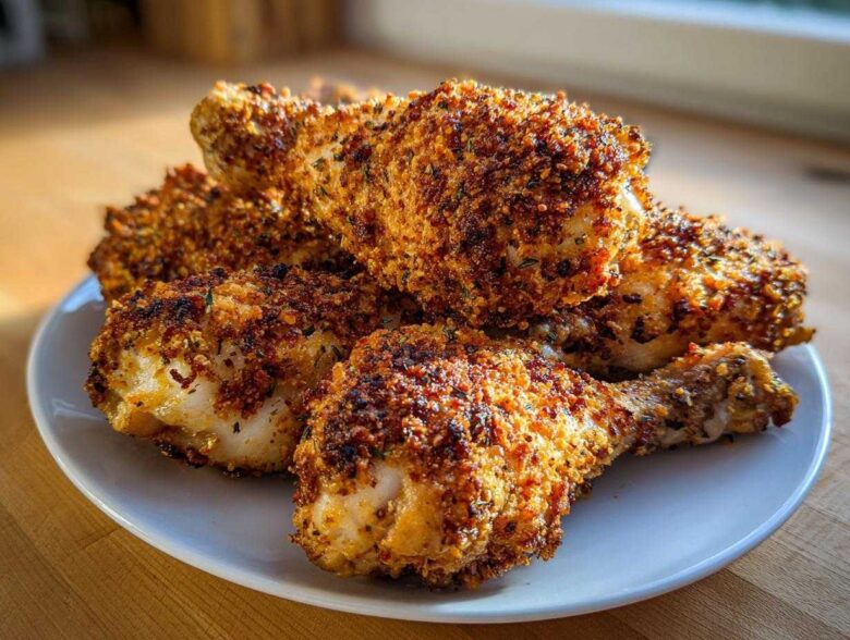 A pile of golden brown, crispy Sheet Pan Crispy Ranch Chicken Drumsticks served on a white plate.