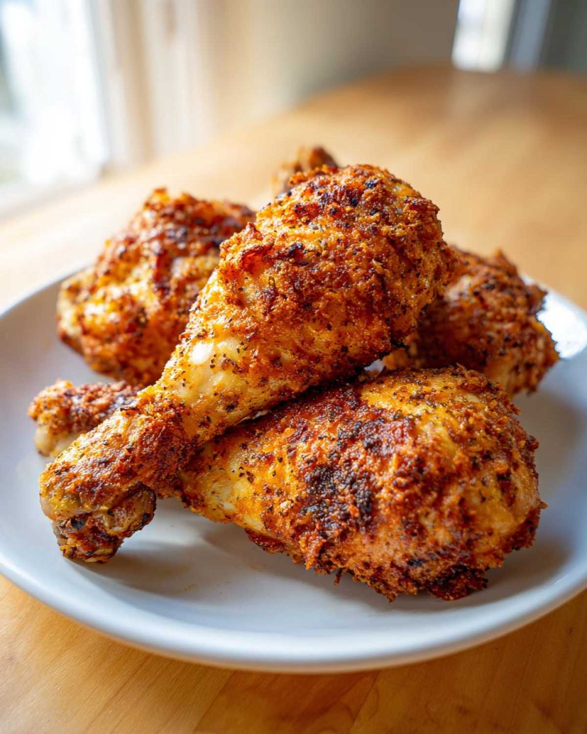 Close-up of several golden brown Sheet Pan Crispy Ranch Chicken Drumsticks stacked on a white plate.
