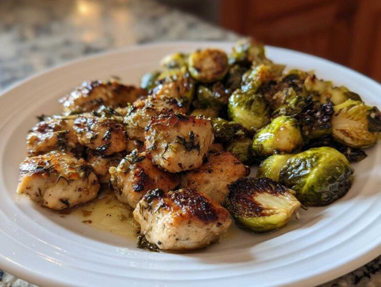 Close-up of a white plate featuring pieces of golden Sheet Pan Garlic Butter Chicken and roasted Brussels sprouts glistening with butter.