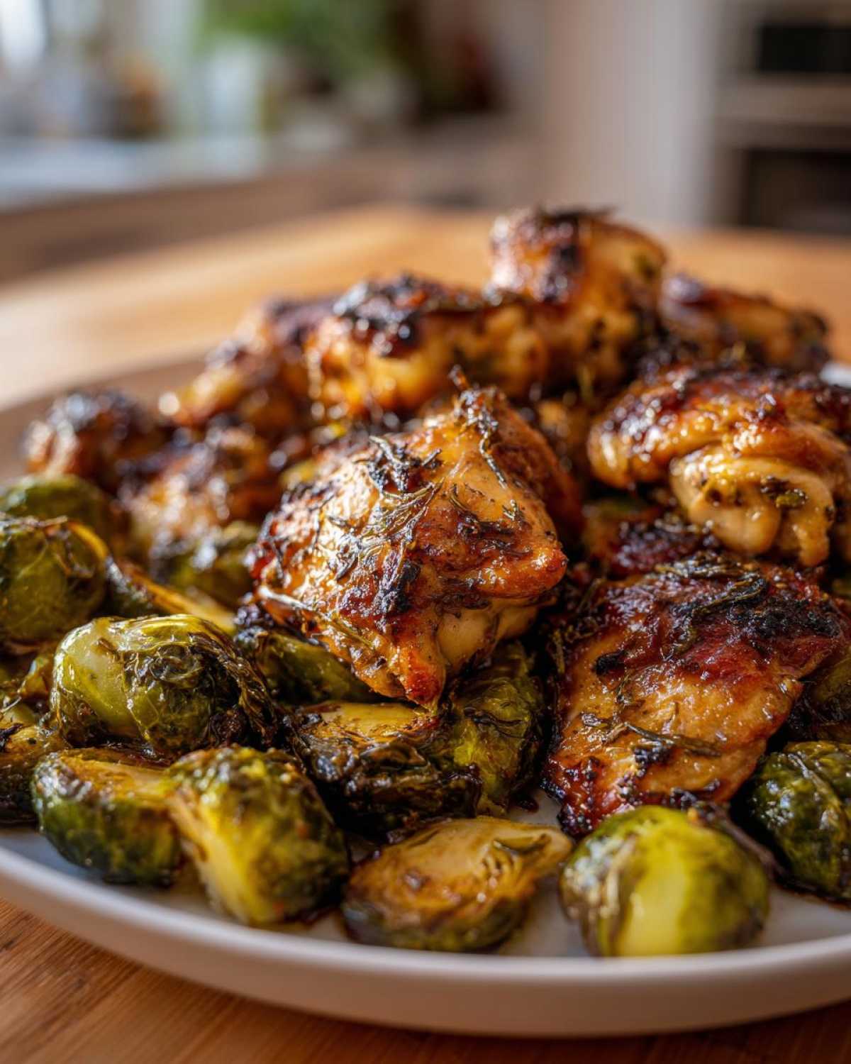 Close-up of juicy Sheet Pan Garlic Butter Chicken and Brussels Sprouts served on a white plate.