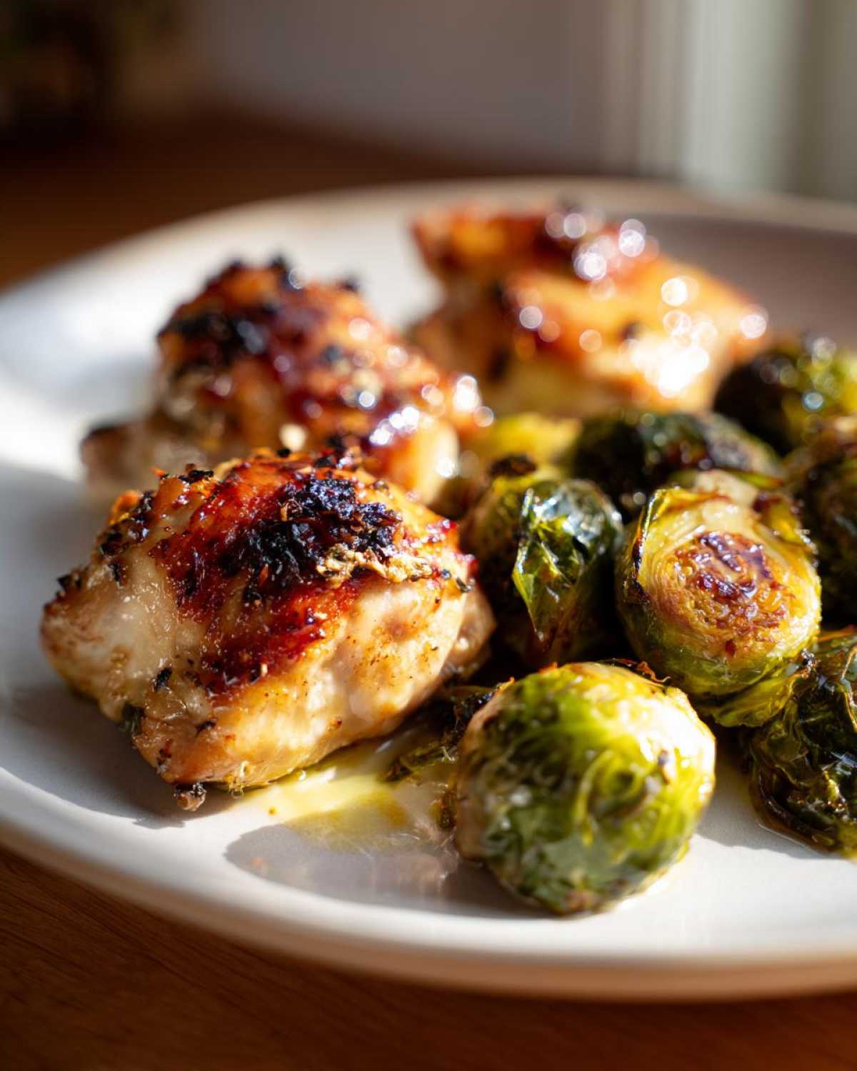 Close-up of juicy Sheet Pan Garlic Butter Chicken and Brussels Sprouts served on a white plate.