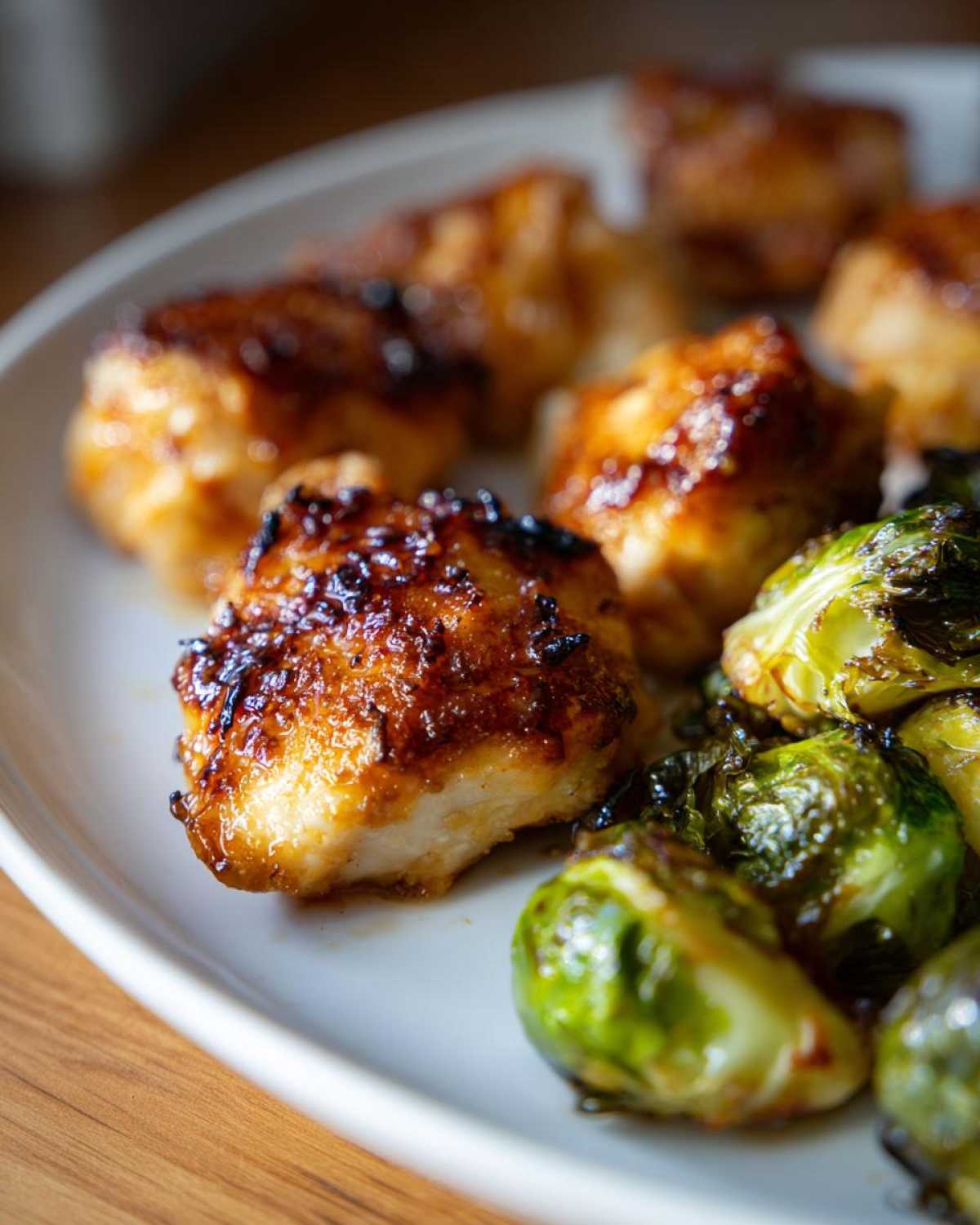 Close-up of glazed Sheet Pan Garlic Butter Chicken and Brussels Sprouts served on a white plate.