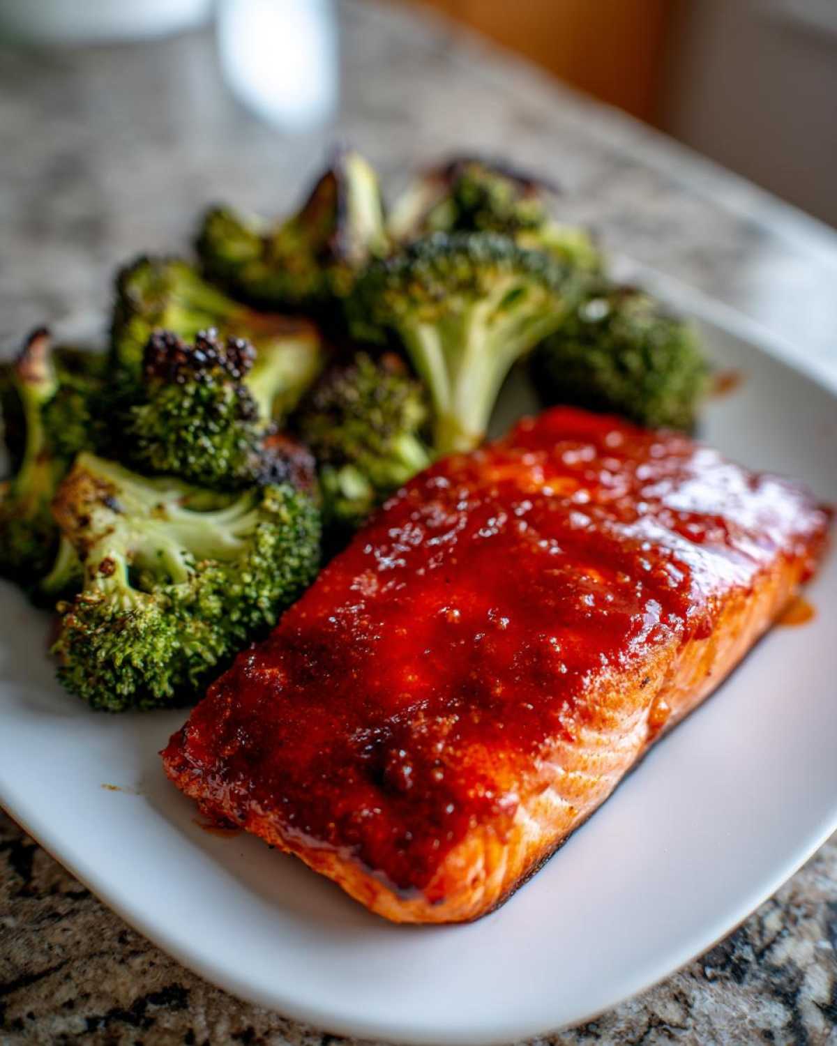 Close-up of a perfectly cooked Sheet Pan Honey Harissa Salmon fillet next to roasted broccoli florets.