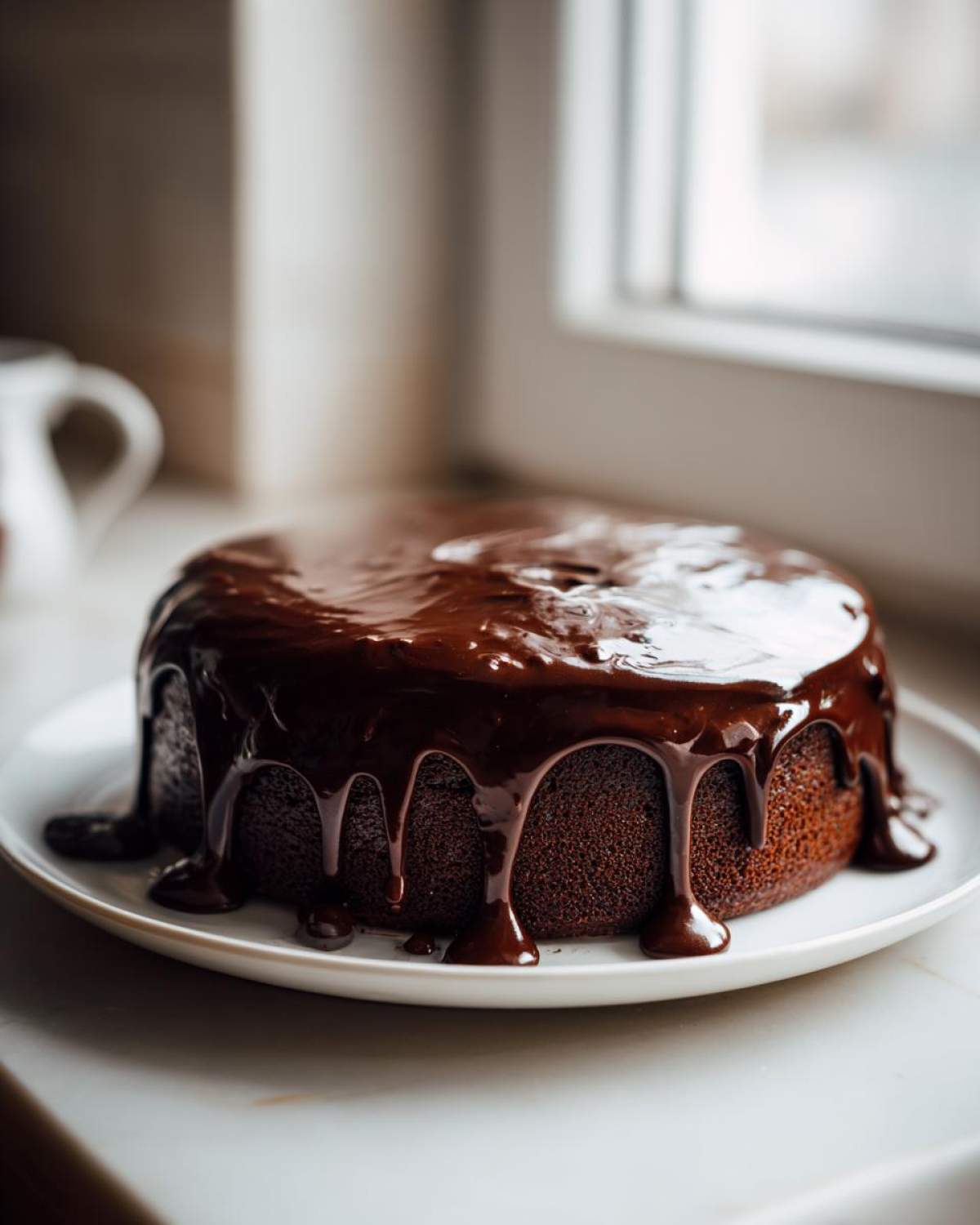 A rich chocolate cake generously topped with glossy, dripping chocolate ganache.