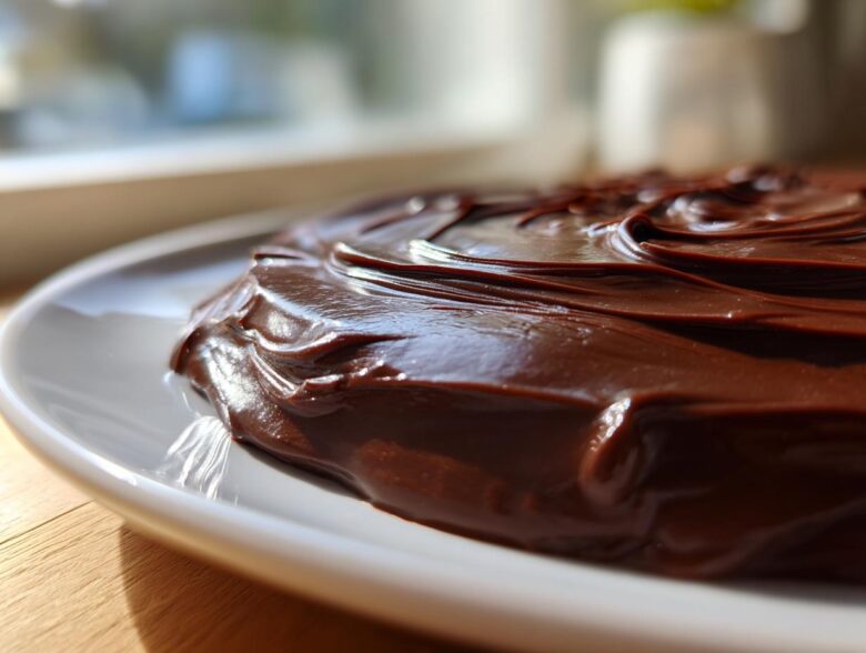 Close-up of rich, glossy chocolate ganache spread thickly over a dessert, showing beautiful swirls.