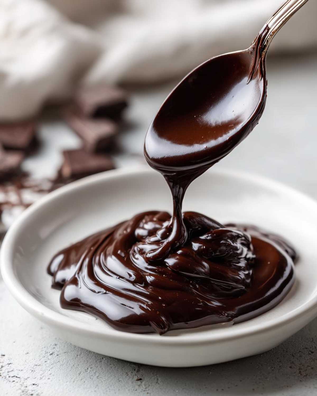 A spoonful of rich, glossy chocolate ganache is drizzled into a small white bowl, showing its smooth texture.