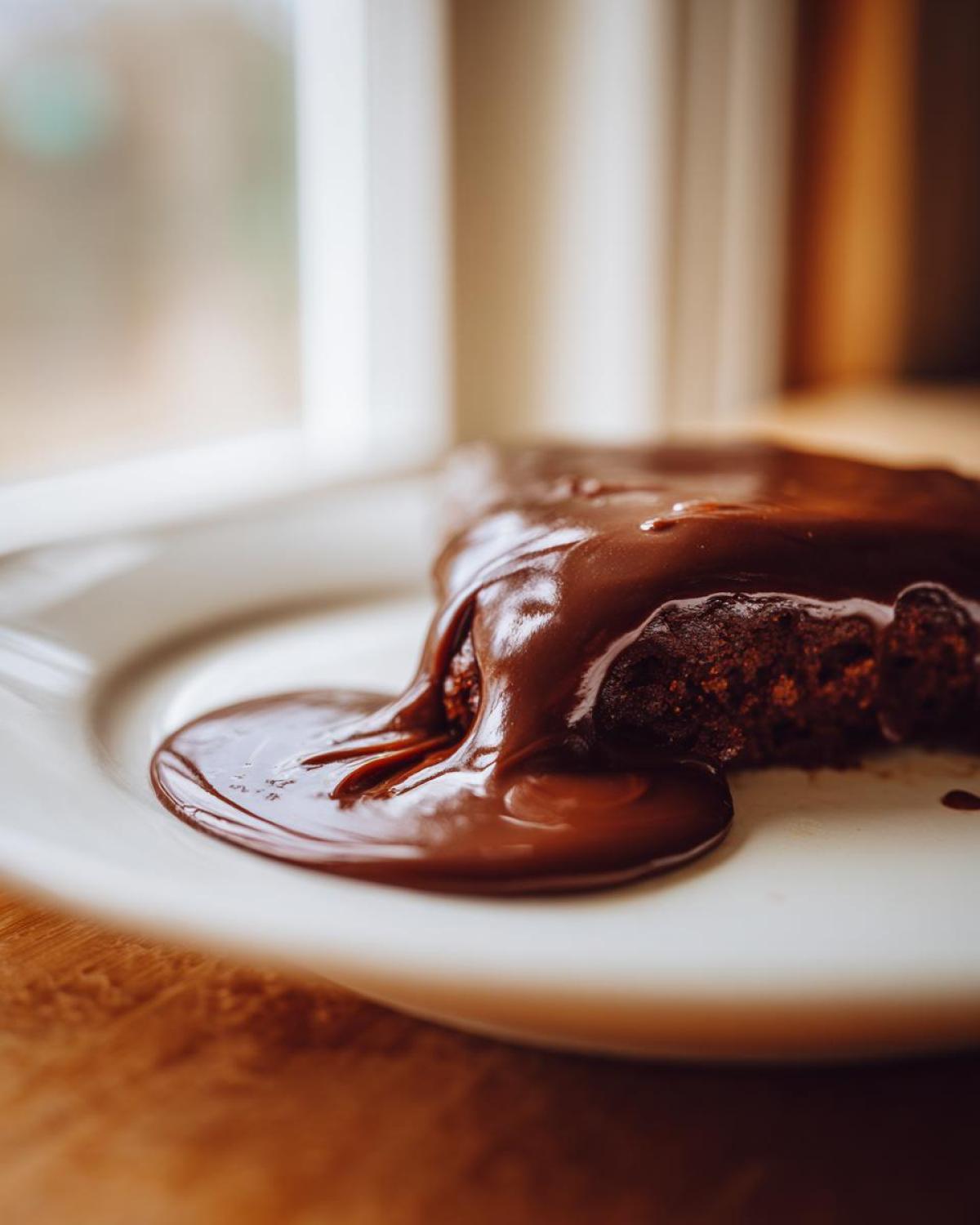 A close-up of a piece of dark cake generously topped with dripping, silky chocolate ganache.