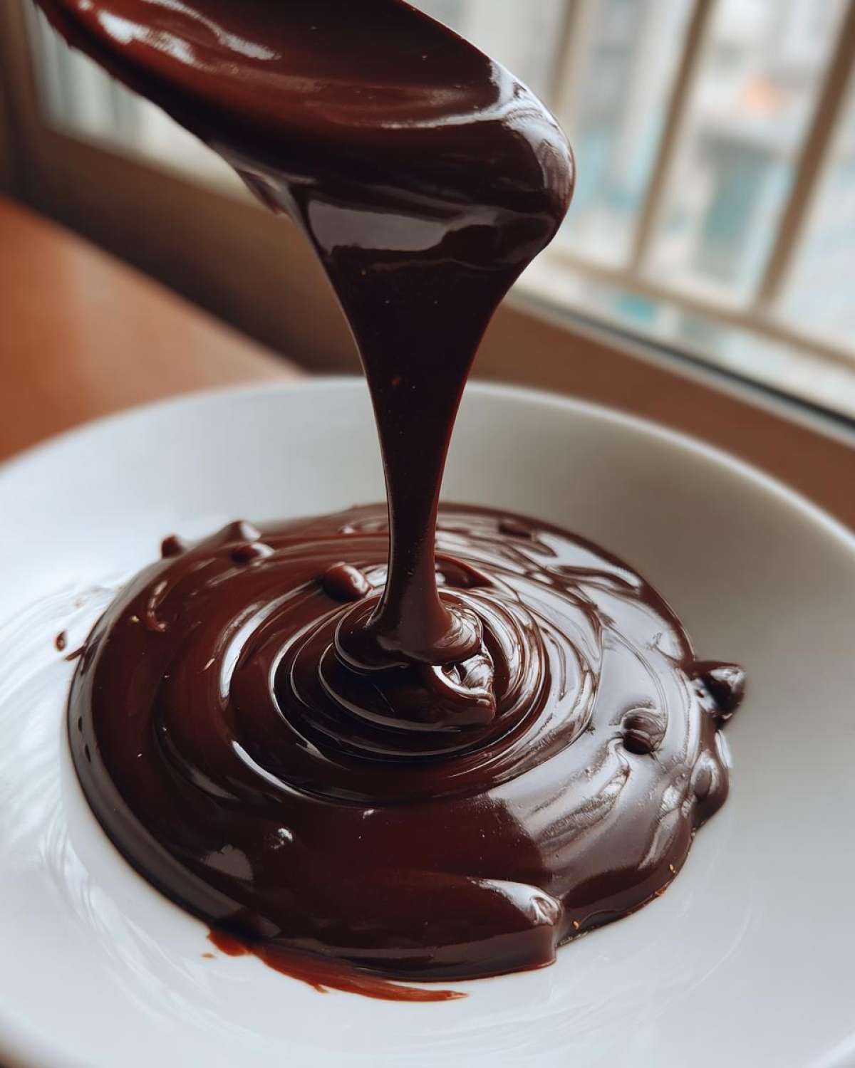 Close-up of thick, glossy chocolate ganache being poured from a spoon into a white bowl.