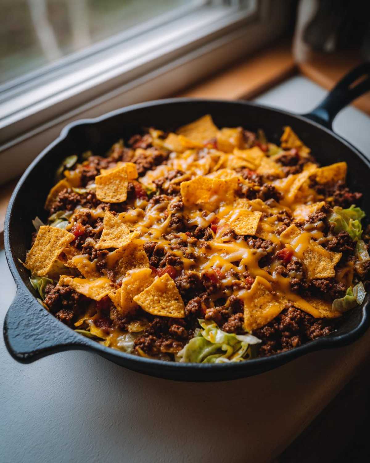 A close-up of Frito Cowboy Cabbage cooked in a cast iron skillet, topped with ground beef, melted cheese, and Fritos chips.