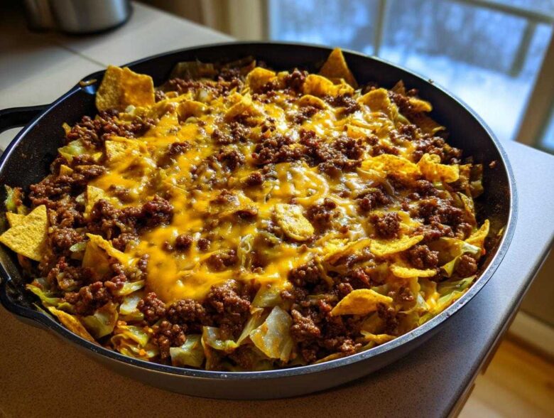 A close-up of Frito Cowboy Cabbage cooked in a black skillet, topped with seasoned ground beef, melted cheddar cheese, and corn chips.