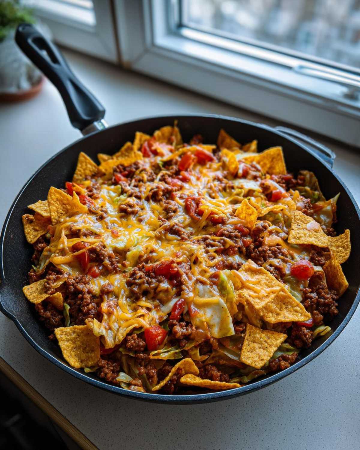 A skillet filled with Frito Cowboy Cabbage, featuring ground meat, cabbage, tomatoes, and melted cheddar cheese over tortilla chips.