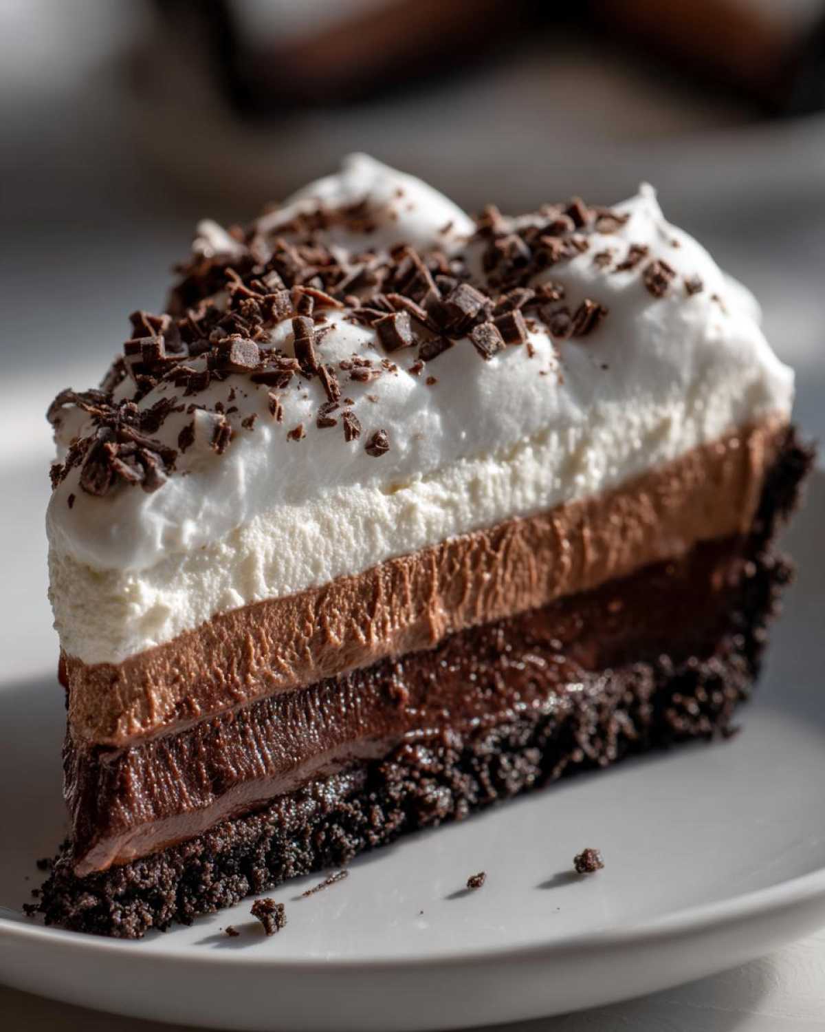 A close-up of a rich slice of 3 layer Mississippi Mud Pie showing chocolate crust, two mousse layers, and whipped cream topping with chocolate shavings.