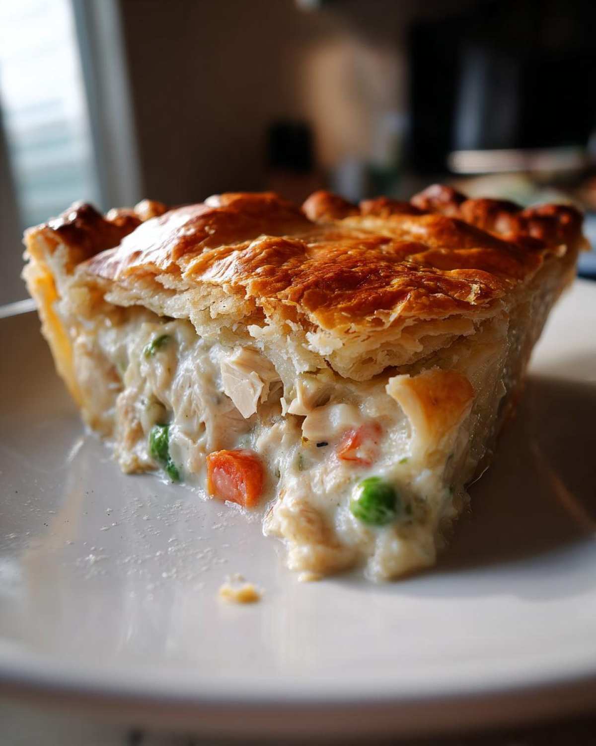 Close-up of a generous slice of chicken pot pie recipe showing creamy filling, chicken chunks, peas, and carrots under a golden, flaky crust.
