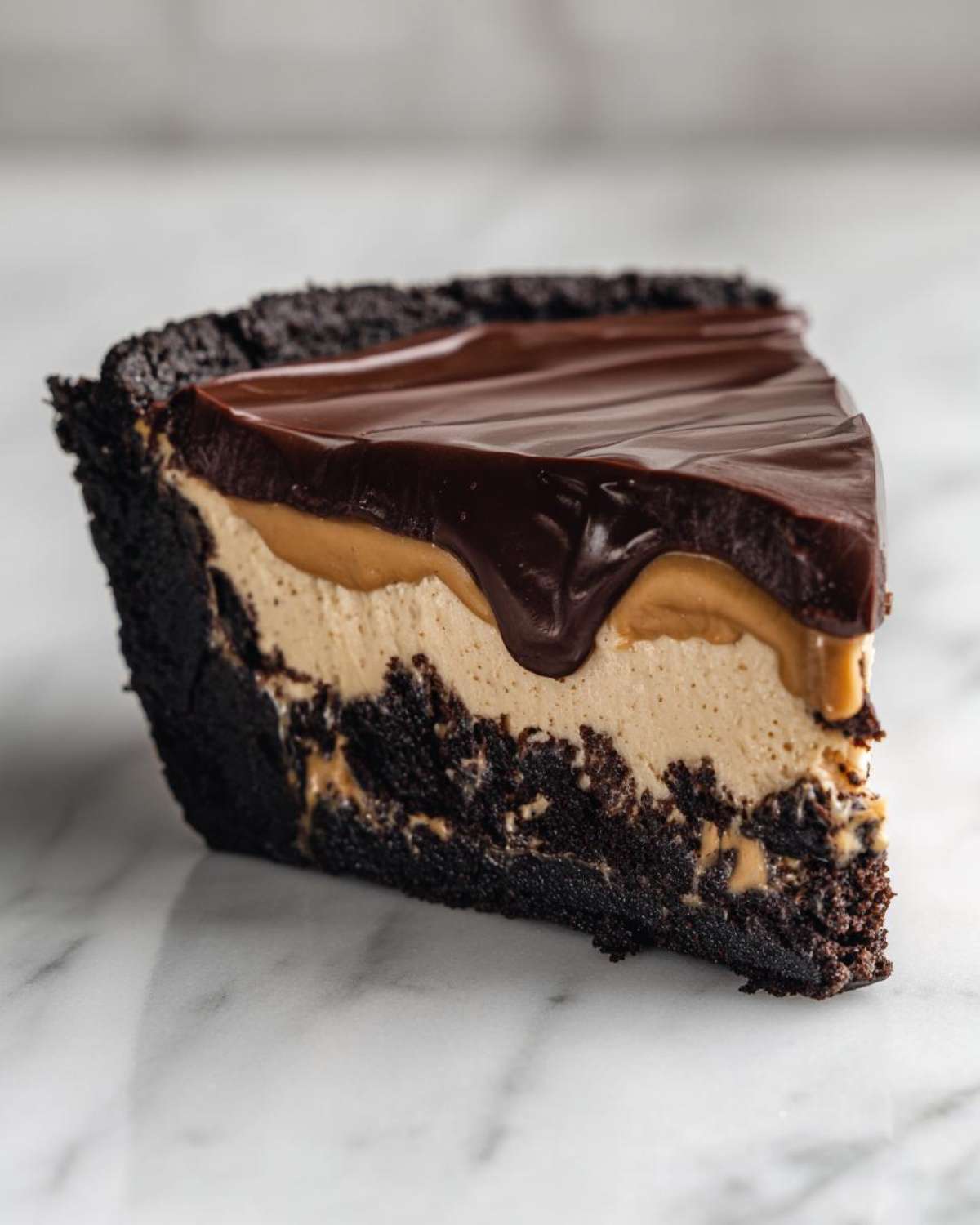 A decadent slice of chocolate peanut butter pie featuring a dark crust, creamy filling, and rich chocolate ganache topping.