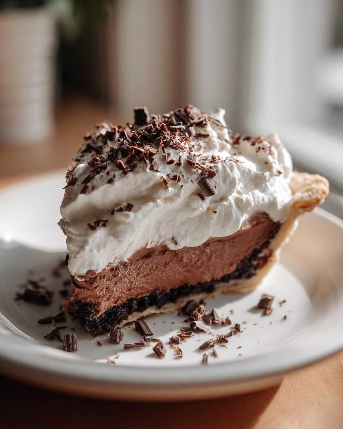 A decadent slice of french silk pie featuring a chocolate crust, thick chocolate filling, and a mound of whipped cream topped with chocolate shavings.