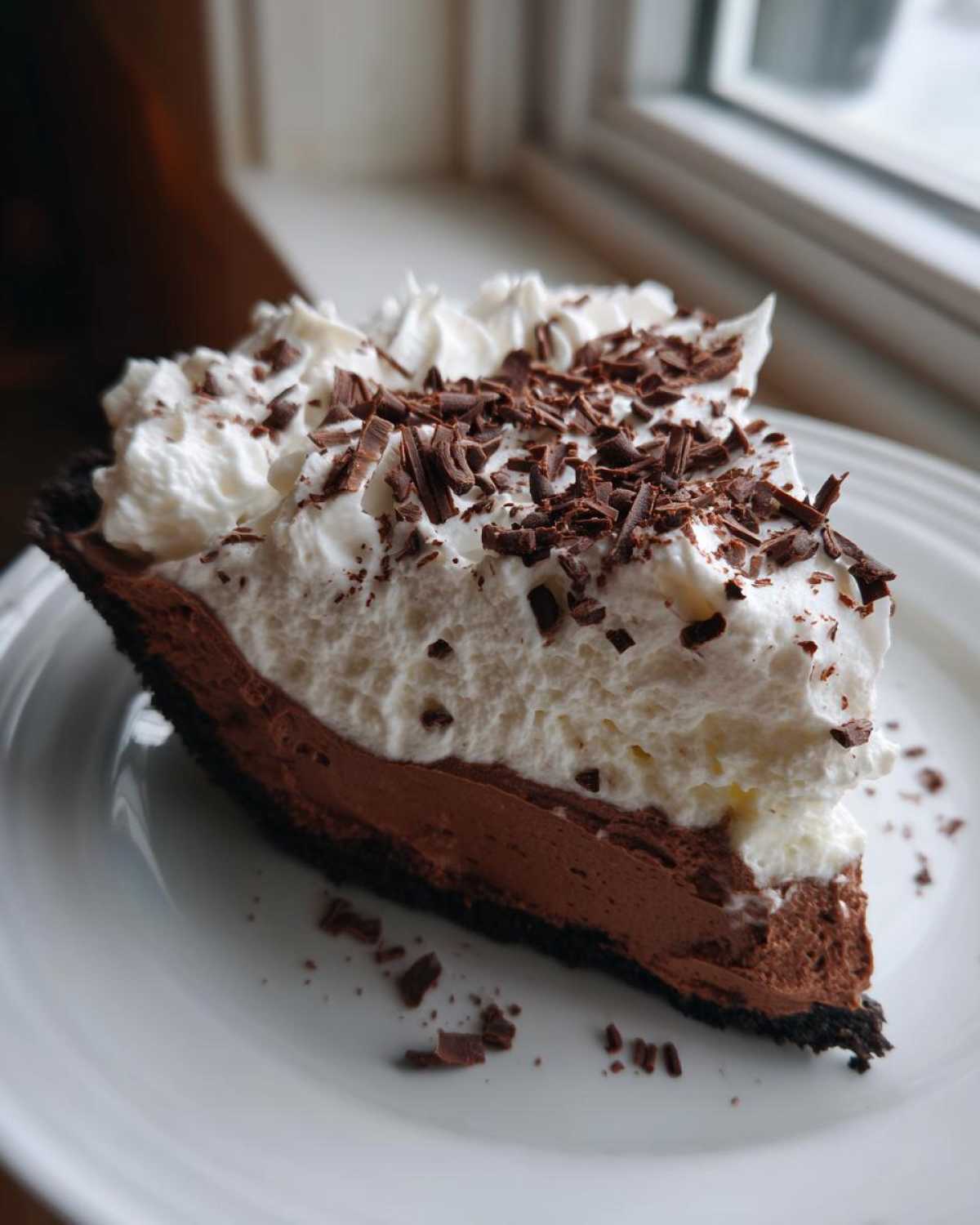 A decadent slice of french silk pie featuring a dark chocolate crust, rich chocolate filling, and topped with whipped cream and chocolate shavings.