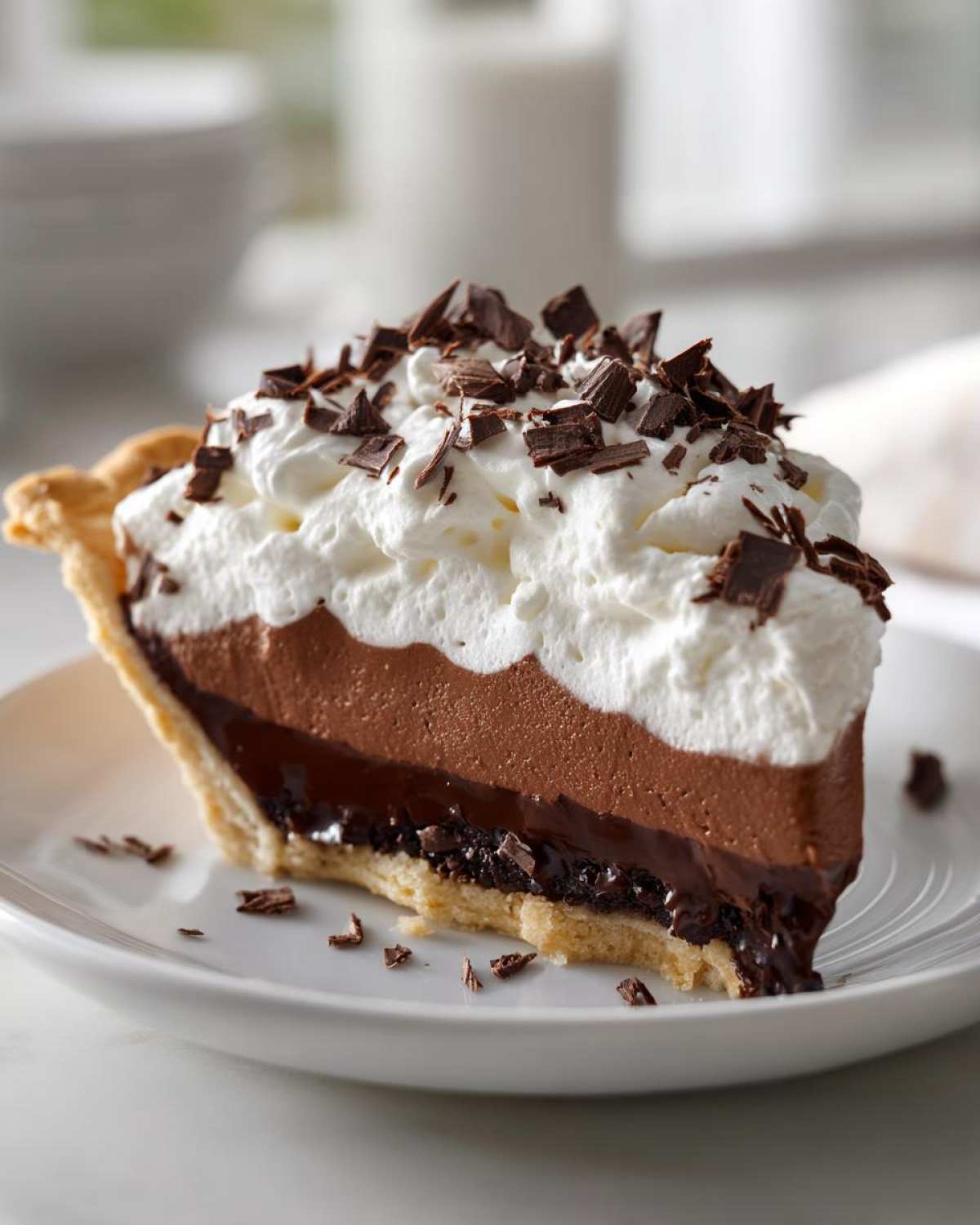 A decadent slice of french silk pie featuring layers of chocolate filling, topped with whipped cream and chocolate shavings.