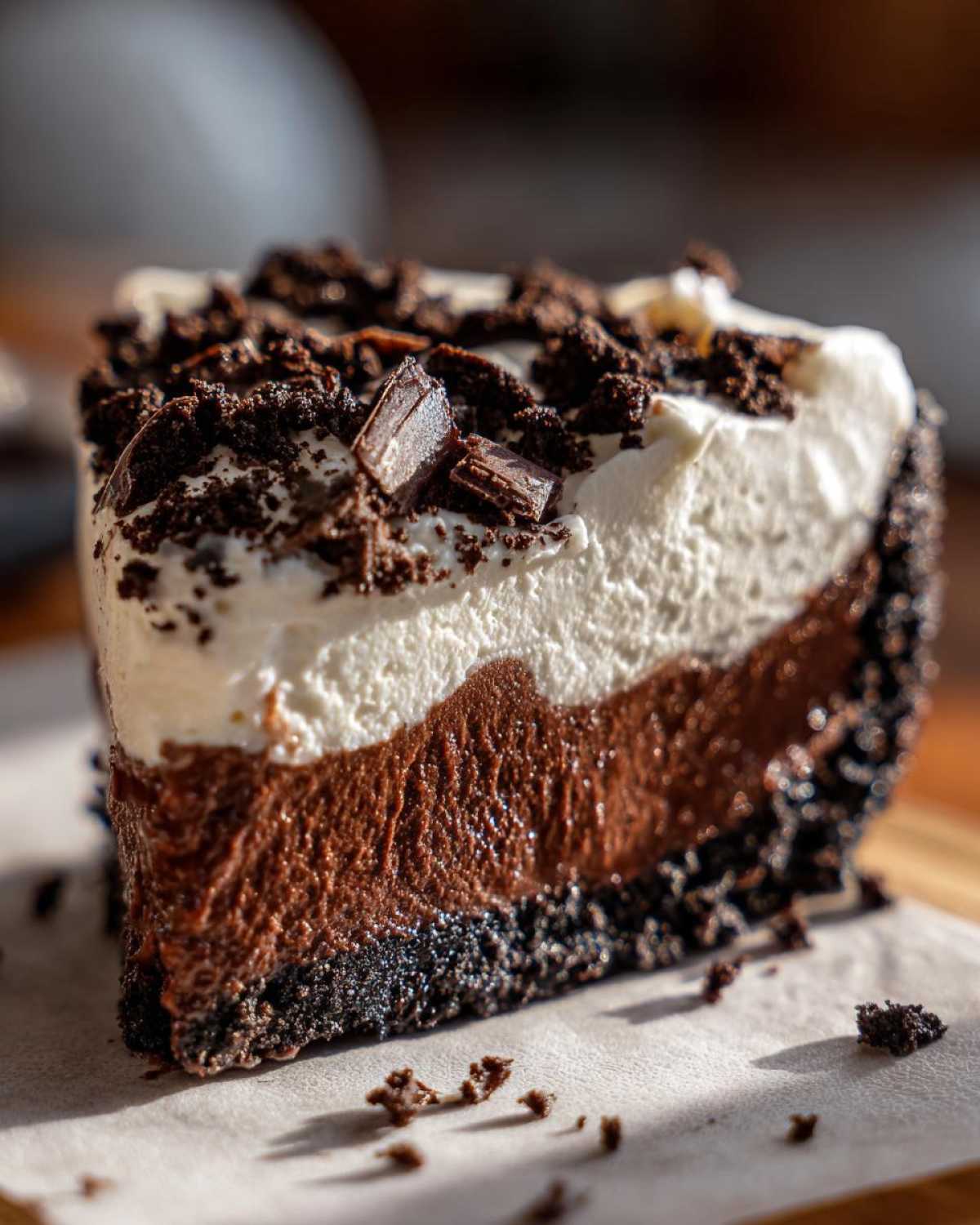 Close-up of a rich slice of mississippi mud pie showing three distinct layers: dark crust, chocolate mousse, and whipped topping.
