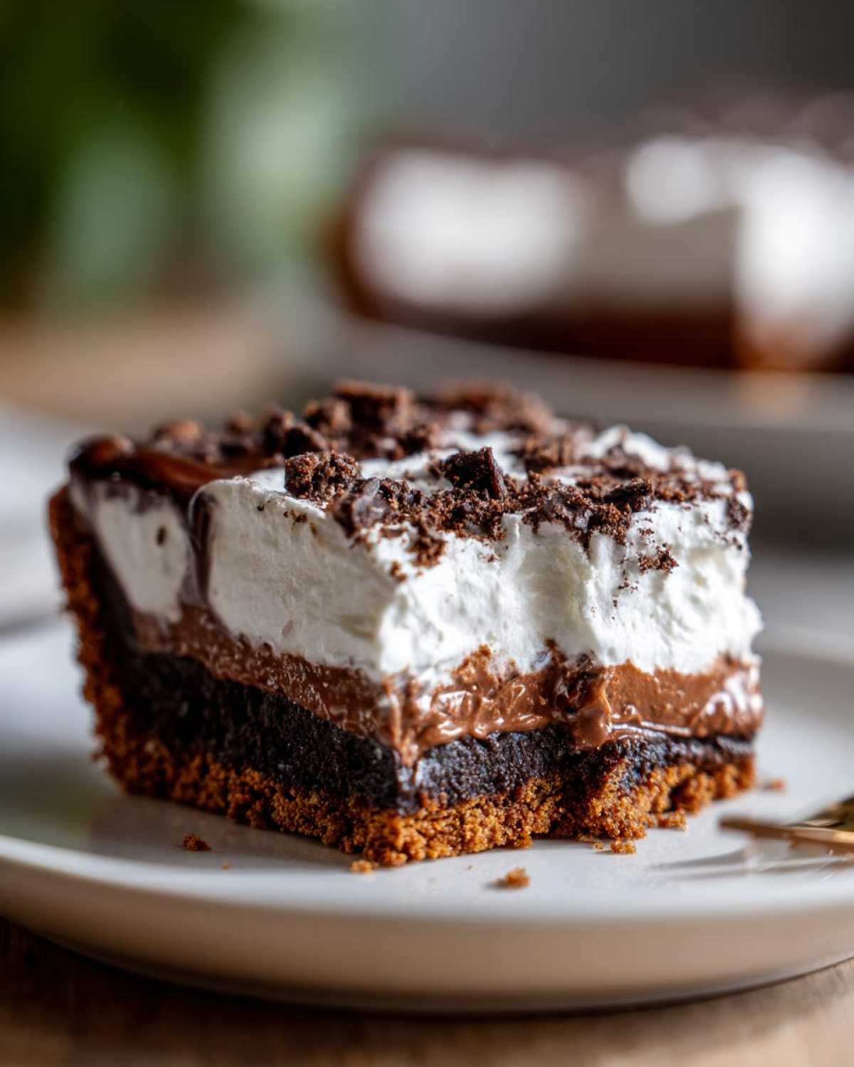 Close-up of a rich slice of Mississippi Mud Pie showing three distinct layers and chocolate cookie crumbs on top.