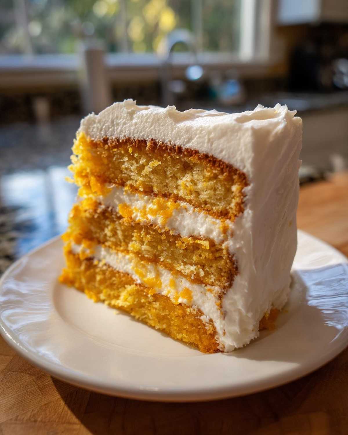 A tall slice of moist Creamsicle Cake with three layers of orange cake and white frosting filling, served on a white plate.