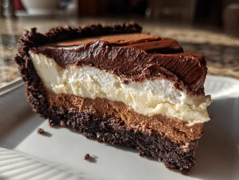 A decadent slice of three-layer mississippi mud pie showing a dark crust, chocolate mousse, white cream layer, and chocolate topping.