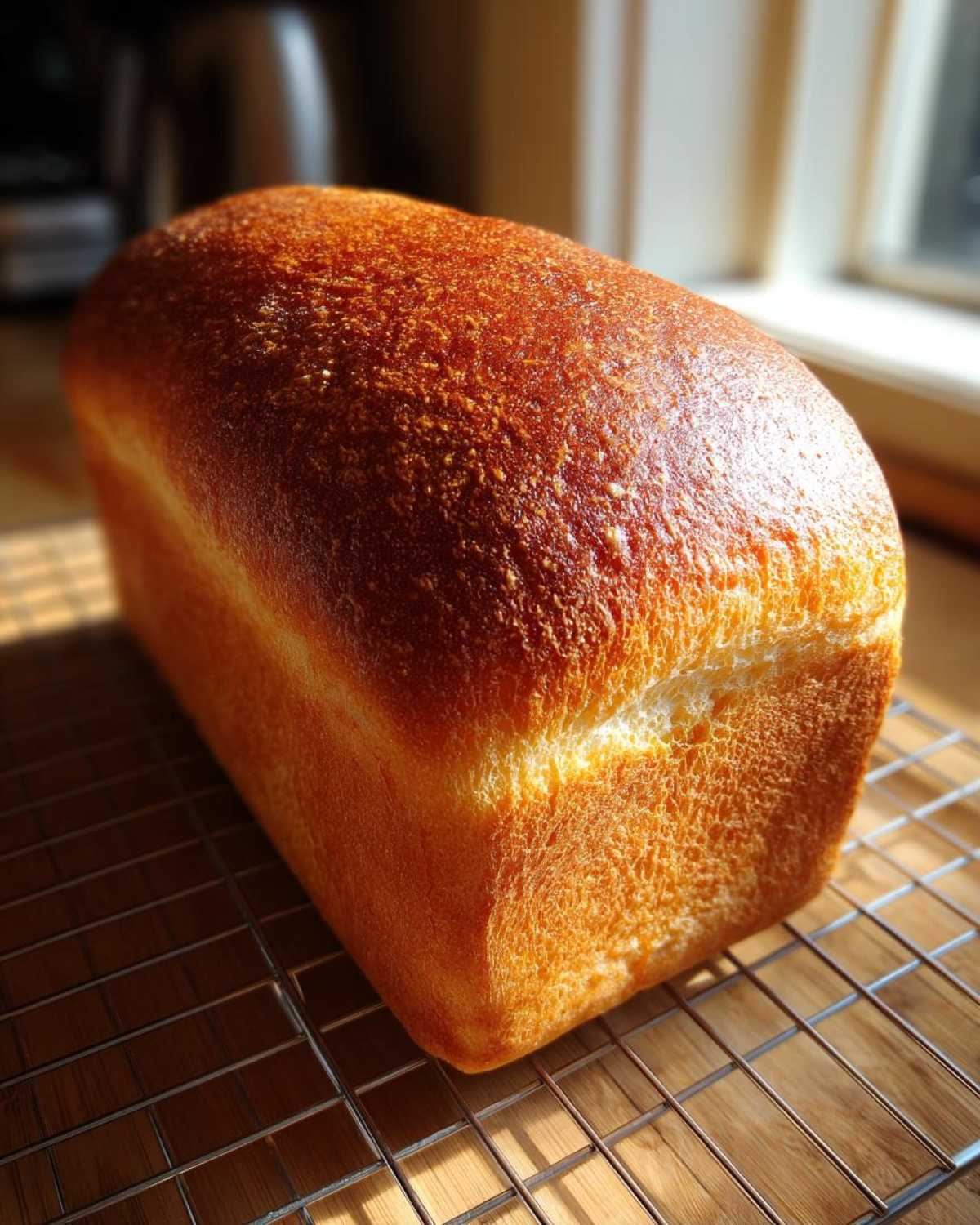 A perfectly baked loaf of bread with a deeply golden, shiny crust cooling on a wire rack.