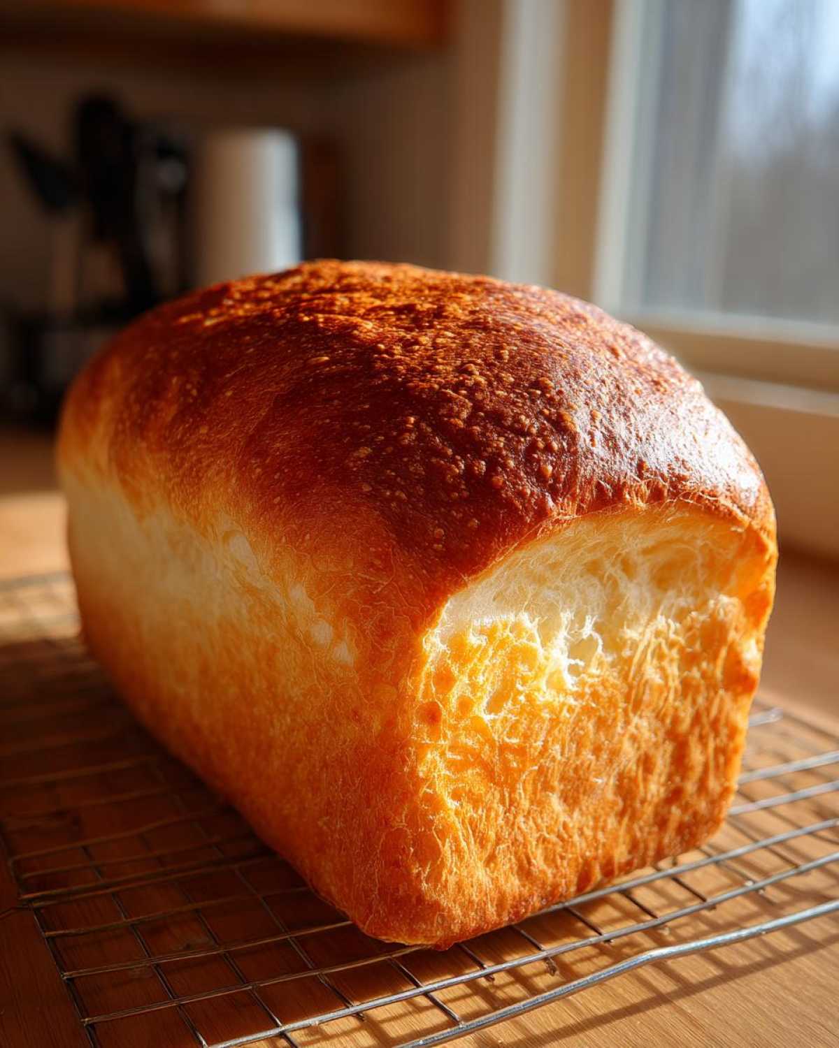 A golden brown loaf of soft bread cooling on a wire rack near a sunlit window.