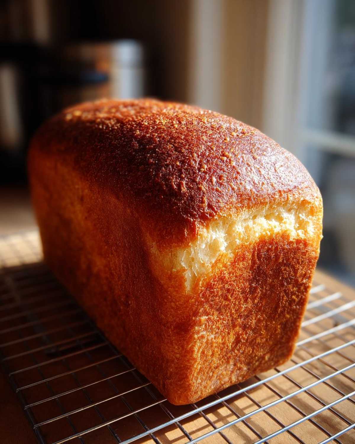 A golden-brown loaf of soft bread resting on a wire cooling rack, highlighted by natural sunlight.