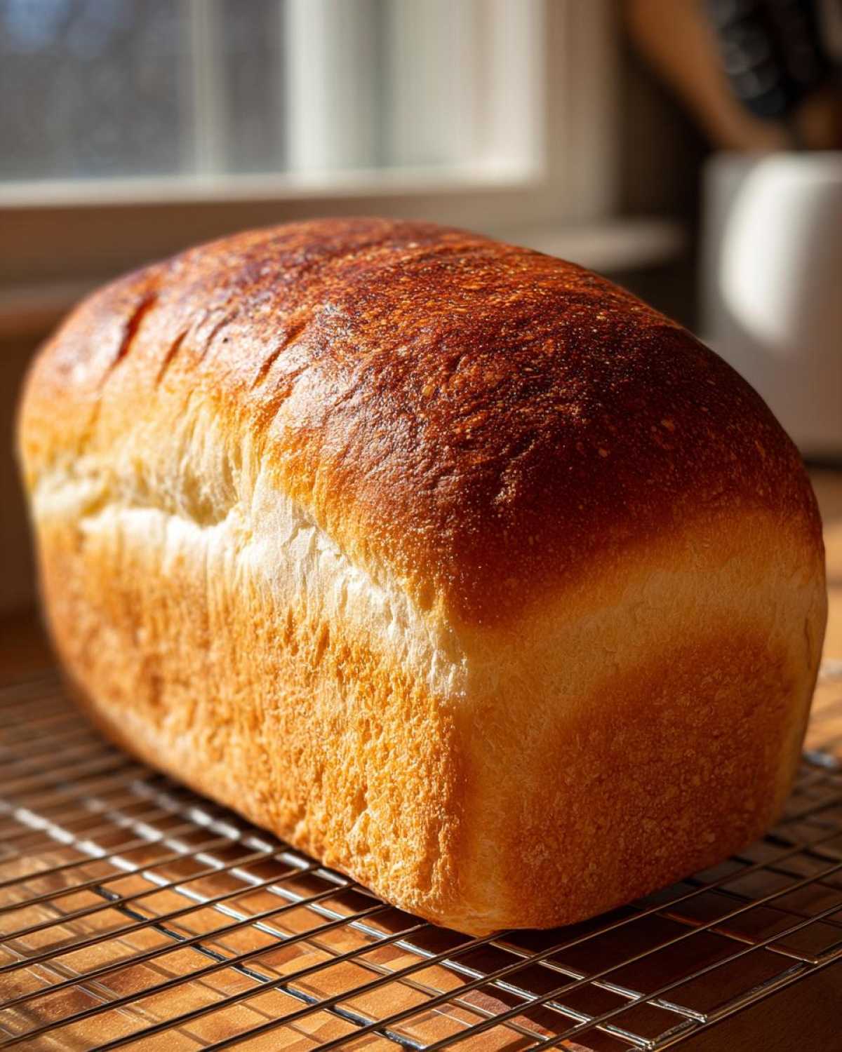 A golden-brown loaf of soft bread cooling on a wire rack, showcasing a beautifully browned crust.