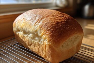 A golden brown, freshly baked loaf of soft bread cooling on a wire rack near a sunny window.