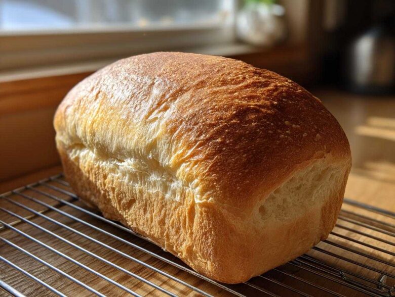 A golden brown, freshly baked loaf of soft bread cooling on a wire rack near a sunny window.
