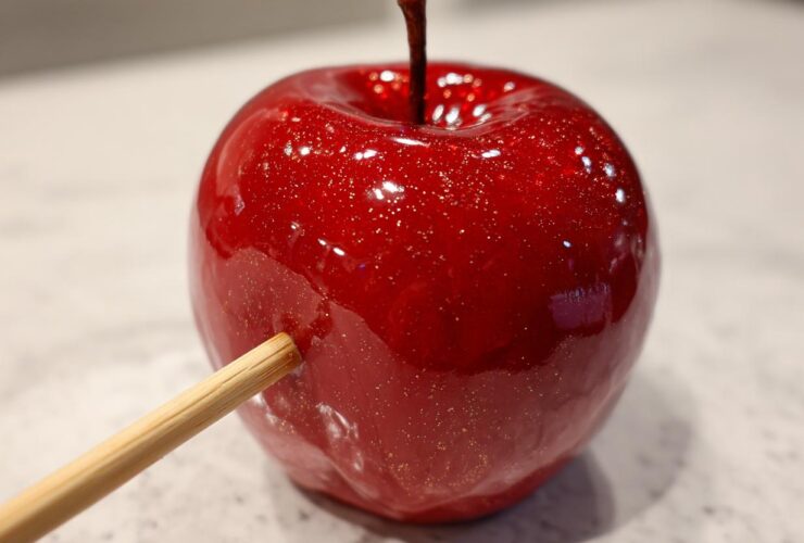 Close-up of a glossy, vibrant red candy apples with edible glitter and a wooden stick inserted.