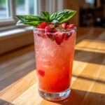 A tall glass filled with Sparkling Strawberry Basil Lemonade, garnished with fresh strawberries and basil leaves.